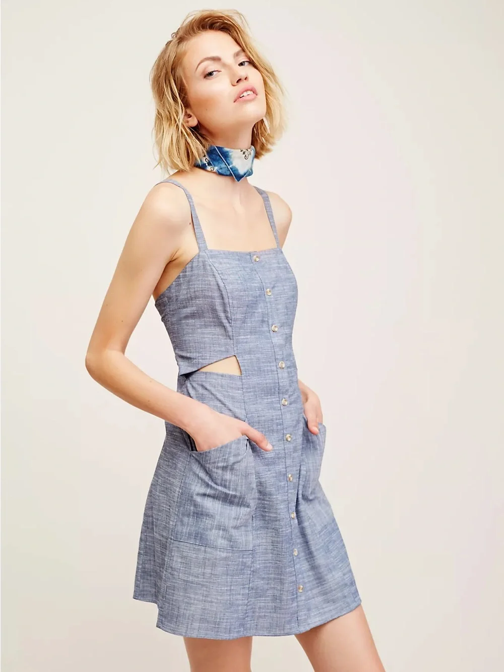 Free People Steal My Sunshine Mini Dress SP Blue Chambray Boho Coastal